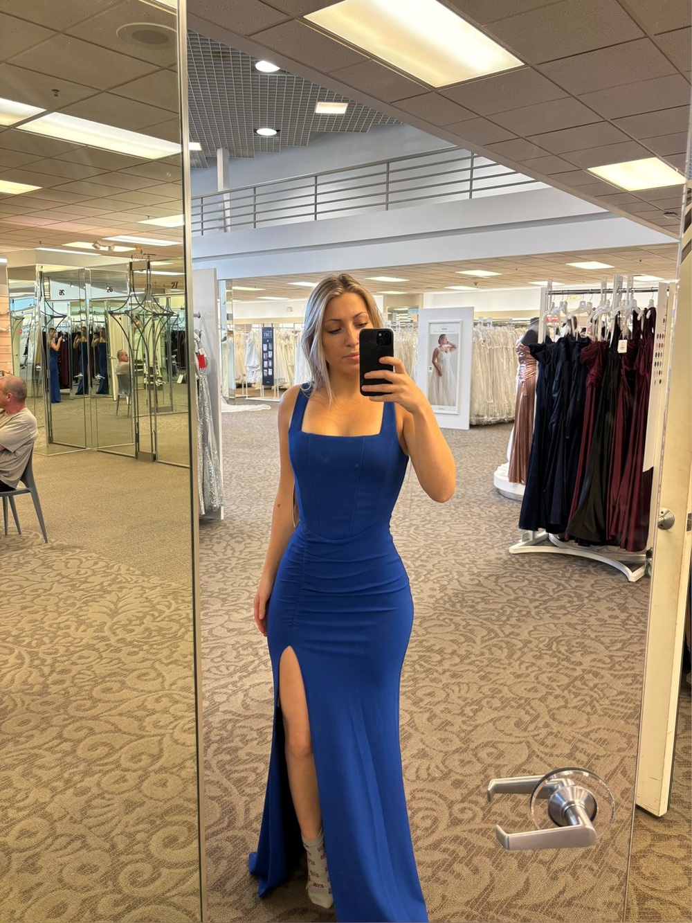 Emerald Sundae Royal Blue Square-Neck Prom Dress with Side Slit